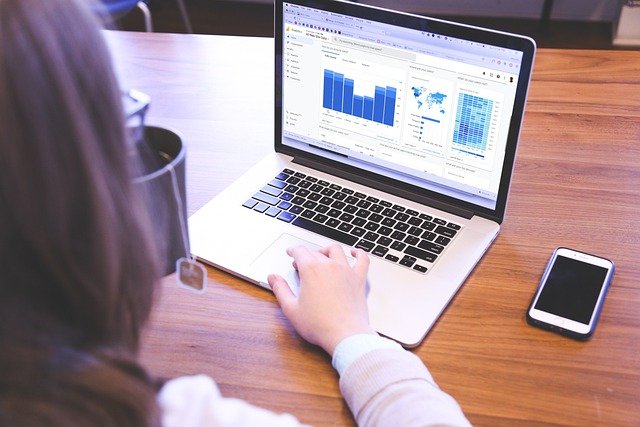 Imagem de mulher acessando estatísticas de site em notebook.